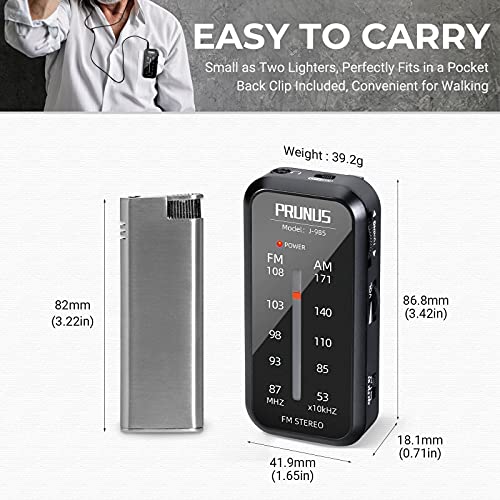 PRUNUS Pocket Radio Mini AM FM Stereo Radio Portable Battery Operated Radio, Includes Headphones, with Back Clip and Signal Indicator, Operated by AAA Batteries for Emergency,Walking,Running,J-985 by PRUNUS - Image 3
