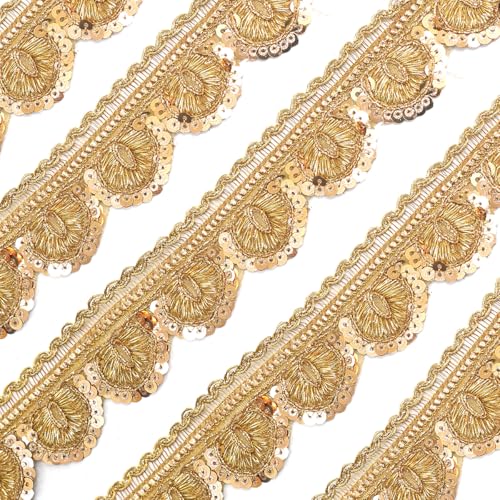 EmbroideryMaterial Laces & Borders Material Zari with Sequins Lace for Dresses, Sarees, Lehenga, Suits, Bags, Decorations, Borders, Crafts, (Width-3.7 CM, 8 Meters Long, Gold) - Image 1