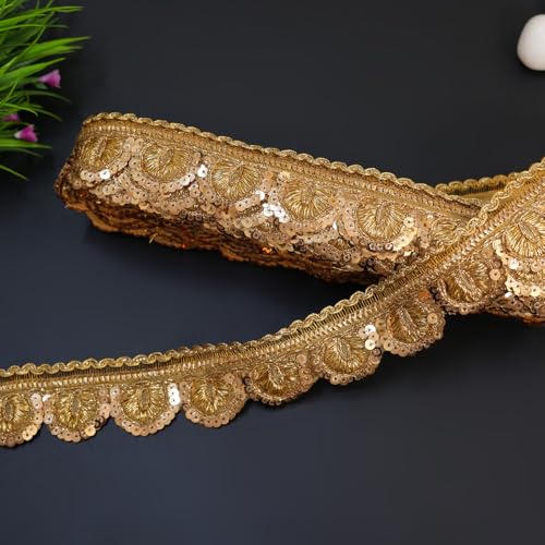 EmbroideryMaterial Laces & Borders Material Zari with Sequins Lace for Dresses, Sarees, Lehenga, Suits, Bags, Decorations, Borders, Crafts, (Width-3.7 CM, 8 Meters Long, Gold) - Image 5