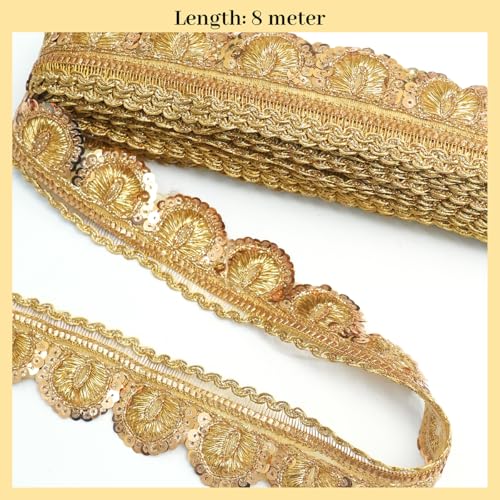 EmbroideryMaterial Laces & Borders Material Zari with Sequins Lace for Dresses, Sarees, Lehenga, Suits, Bags, Decorations, Borders, Crafts, (Width-3.7 CM, 8 Meters Long, Gold) - Image 3