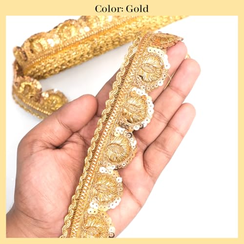 EmbroideryMaterial Laces & Borders Material Zari with Sequins Lace for Dresses, Sarees, Lehenga, Suits, Bags, Decorations, Borders, Crafts, (Width-3.7 CM, 8 Meters Long, Gold) - Image 4