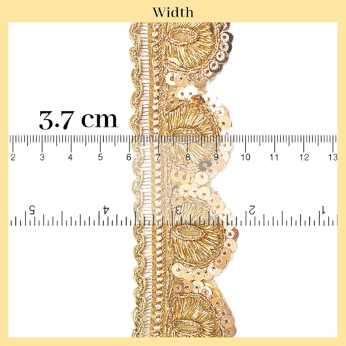 EmbroideryMaterial Laces & Borders Material Zari with Sequins Lace for Dresses, Sarees, Lehenga, Suits, Bags, Decorations, Borders, Crafts, (Width-3.7 CM, 8 Meters Long, Gold) - Image 2
