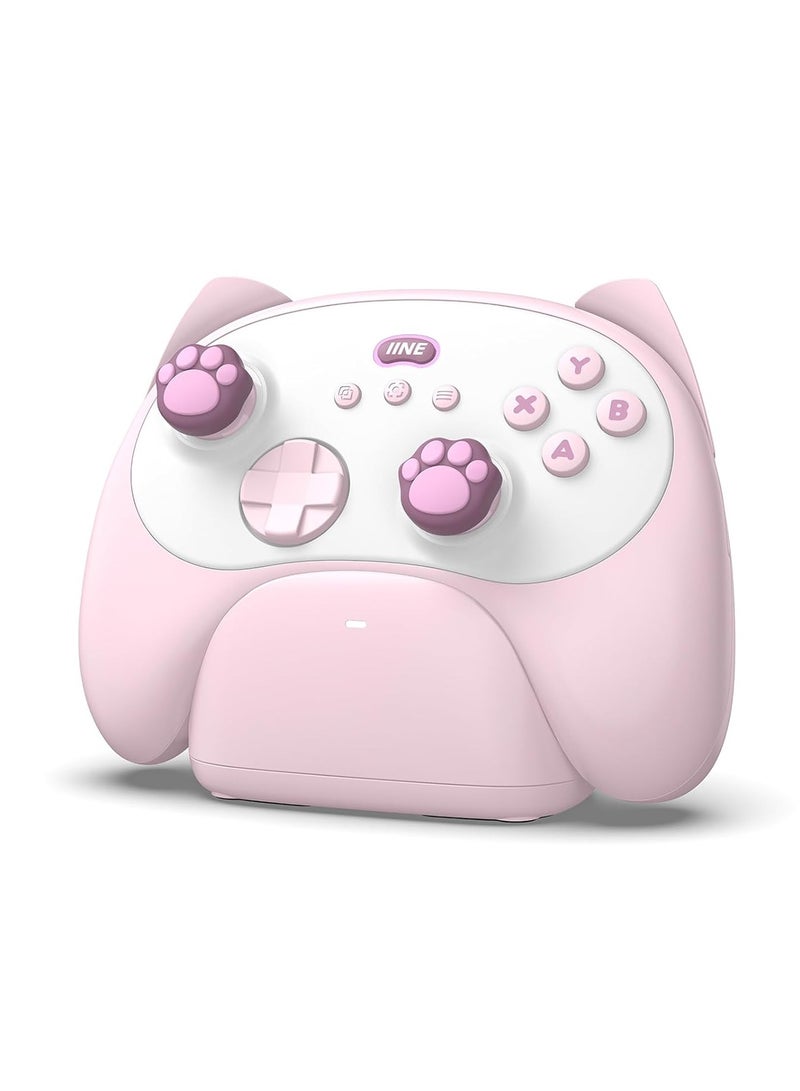 IINE Wireless Controller with Charging Dock – for PC, Switch, Android, iOS, Wireless & Wired Gamepad with Macro, Turbo, 6-Axis Motion, Rumble, Headphone Jack, Ergonomic Controller for Small Hands (Pink) - Image 1