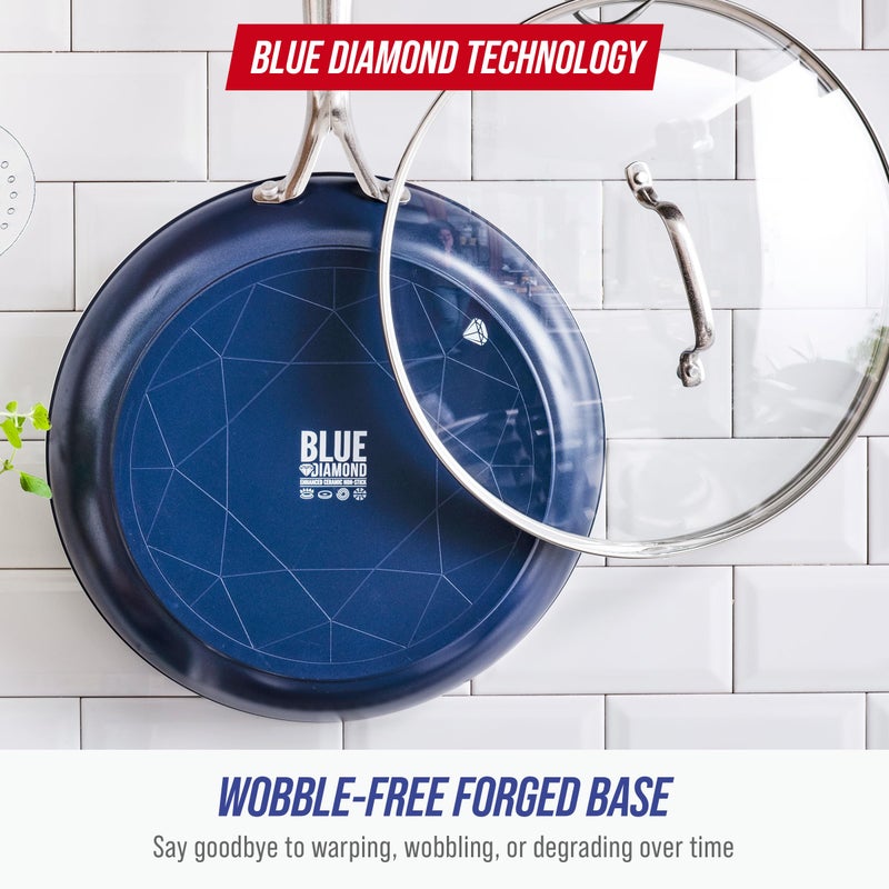 Blue Diamond 12" Nonstick Frying Pan with Lid, Diamond Infused PFAS & PTFE-Free Ceramic Skillet, Dishwasher & Oven Safe, Stay Cool Handle, Durable Non Toxic Metal Utensil Safe, Glass Lid, Blue - Image 3