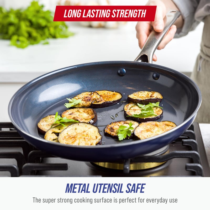 Blue Diamond 12" Nonstick Frying Pan with Lid, Diamond Infused PFAS & PTFE-Free Ceramic Skillet, Dishwasher & Oven Safe, Stay Cool Handle, Durable Non Toxic Metal Utensil Safe, Glass Lid, Blue - Image 4