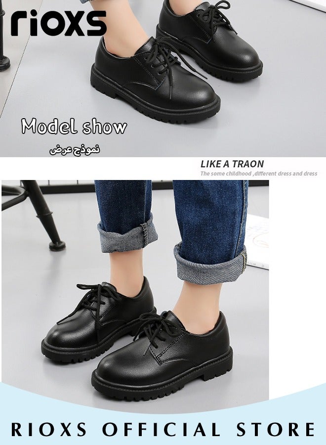 RIOXS Boys' Lace-ups Formal Shoes, School Uniform Shoes for Boys, Classic Round-toed Performance Shoes, Kids Boys' Lace-Up Oxford Shoes, Dress Shoes for Formal/ Casual Wear, Fashion Party Leather Shoes, Wedding Shoes for Toddler/ Little Big Kid, Kids Footwear Black - Image 2