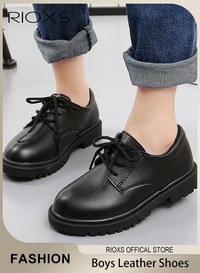 RIOXS Boys' Lace-ups Formal Shoes, School Uniform Shoes for Boys, Classic Round-toed Performance Shoes, Kids Boys' Lace-Up Oxford Shoes, Dress Shoes for Formal/ Casual Wear, Fashion Party Leather Shoes, Wedding Shoes for Toddler/ Little Big Kid, Kids Footwear Black - Image 1