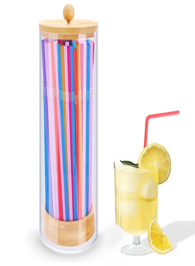 TPQKA Straw Holder Dispenser, 10-Inch Acrylic Straw Dispenser with Bamboo Lid with 100 Colorful Straws for Standard Straws, Organizer for Kitchen - Image 1