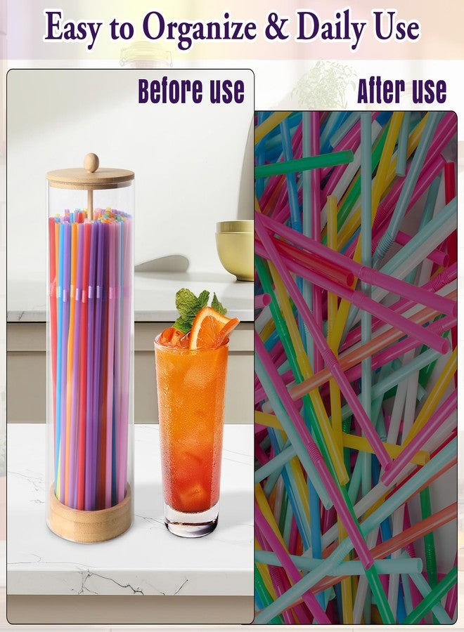 TPQKA Straw Holder Dispenser, 10-Inch Acrylic Straw Dispenser with Bamboo Lid with 100 Colorful Straws for Standard Straws, Organizer for Kitchen - Image 4