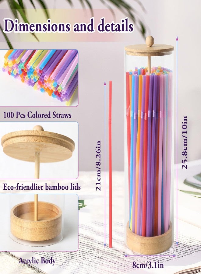 TPQKA Straw Holder Dispenser, 10-Inch Acrylic Straw Dispenser with Bamboo Lid with 100 Colorful Straws for Standard Straws, Organizer for Kitchen - Image 2