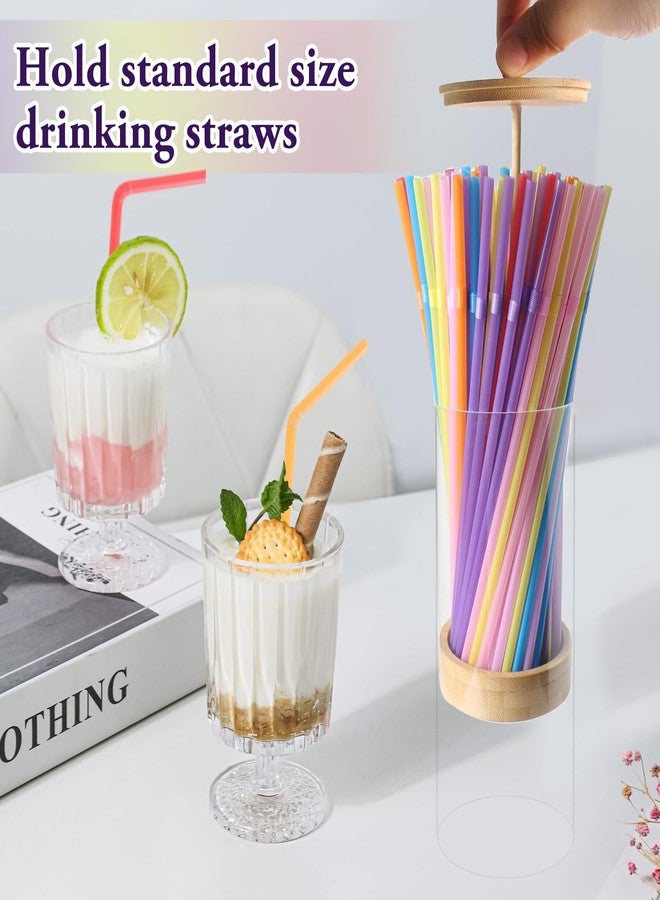 TPQKA Straw Holder Dispenser, 10-Inch Acrylic Straw Dispenser with Bamboo Lid with 100 Colorful Straws for Standard Straws, Organizer for Kitchen - Image 3