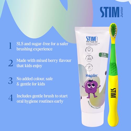 STIM Junior Kids Toothpaste | Age-Appropriate Fluoride | 3-10 Years | Mixed Berry Flavoured | SLS & Colour-Free Toothpaste | Enriched with Xylitol & Vitamin E | (Combo pack with toothbrush) (Pack of 2) - Image 4