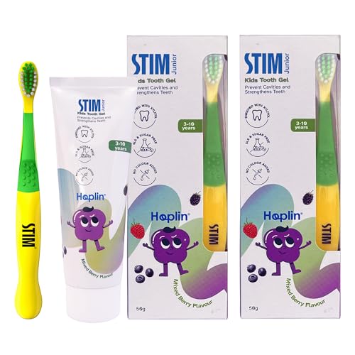 STIM Junior Kids Toothpaste | Age-Appropriate Fluoride | 3-10 Years | Mixed Berry Flavoured | SLS & Colour-Free Toothpaste | Enriched with Xylitol & Vitamin E | (Combo pack with toothbrush) (Pack of 2) - Image 1