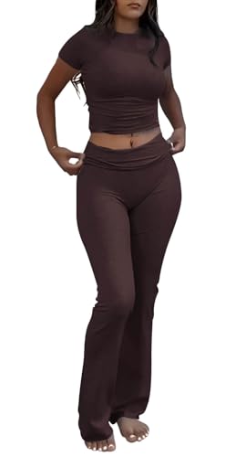 ZFLM Casual Workout Two Piece Outfits for Women Short Sleeve Crop High Waist Foldover Flare Pants Tracksuit Sets Streetwear - Image 5