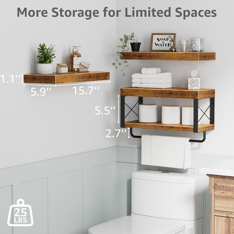 QEEIG Bathroom Shelves Over Toilet - Floating Shelf for Wall Toilet Paper Storage Farmhouse 16 inch Set of 3, Rustic Brown (029-40BN3) - Image 3