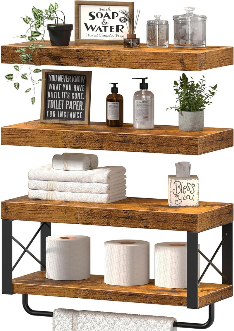 QEEIG Bathroom Shelves Over Toilet - Floating Shelf for Wall Toilet Paper Storage Farmhouse 16 inch Set of 3, Rustic Brown (029-40BN3) - Image 1