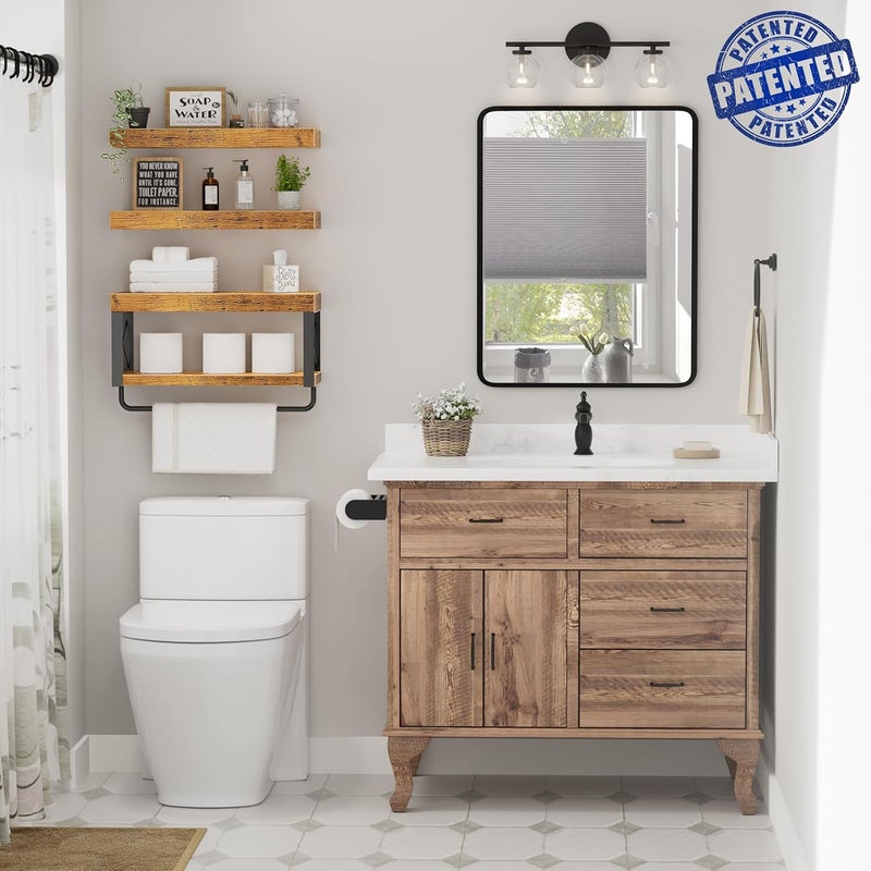 QEEIG Bathroom Shelves Over Toilet - Floating Shelf for Wall Toilet Paper Storage Farmhouse 16 inch Set of 3, Rustic Brown (029-40BN3) - Image 2