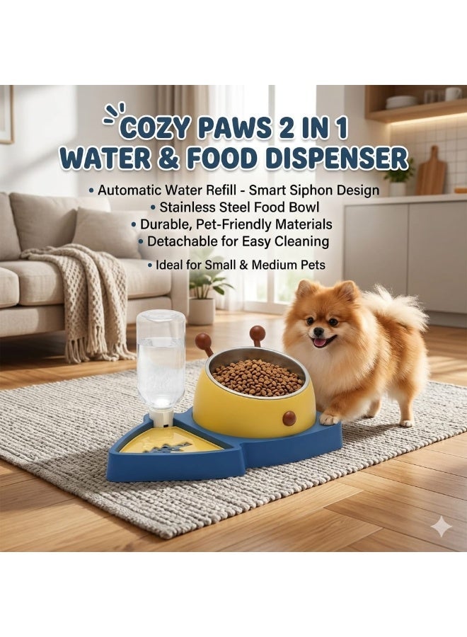 CozyPaws Cozy Paws 2-in-1 Pet Food and Water Dispenser (Automatic Gravity Water Bowl with Stainless Steel Feeding Bowl, 31.5 x 20 cm, Blue & Yellow, Easy Clean Pet Feeding Station for Cats & Small/Medium Dogs) - Image 3