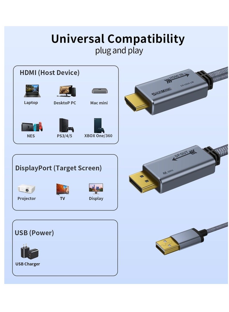محول HDMI إلى DisplayPort بدقة 4K@60Hz، كابل محول من ذكر إلى ذكر HDMI إلى DP 1.2 مع طاقة USB للشاشة، PS4، سرعة عالية، متوافق مع HDCP2.2، 6.6 قدم 2 متر، غير ثنائي الاتجاه - Image 3
