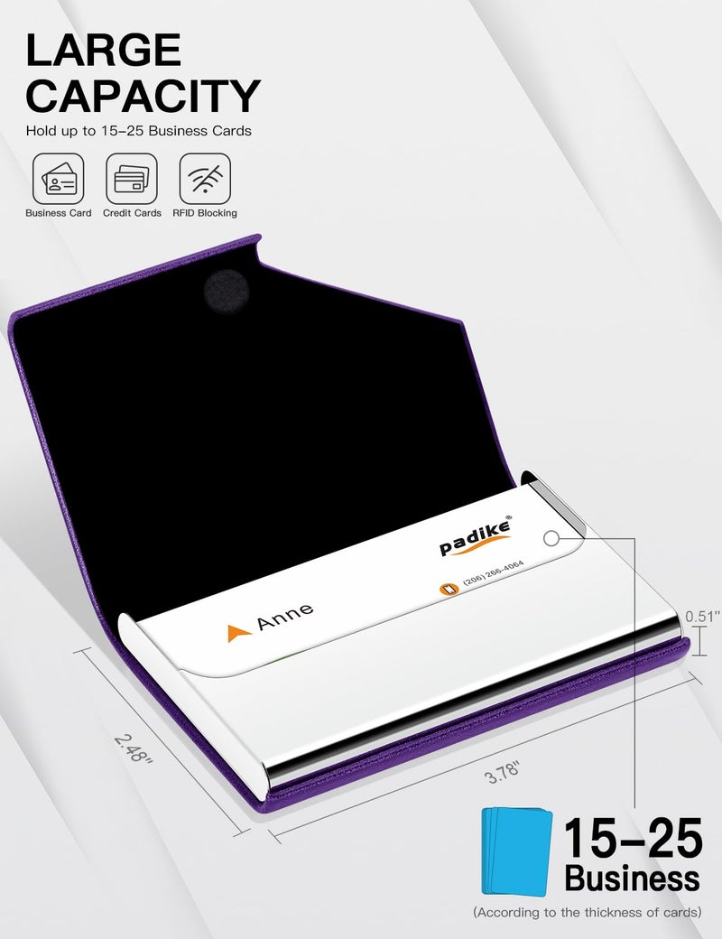 Padike Business Card Holder, Upgraded Leather Business Card Case Pocket Card Holders for Men or Women, Metal Slim Name Card Holder RFID Blocking Business Card Carrier with Magnetic Closure(Purple) - Image 4
