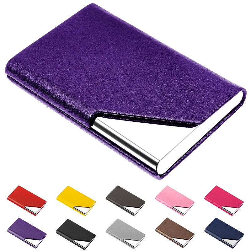 Padike Business Card Holder, Upgraded Leather Business Card Case Pocket Card Holders for Men or Women, Metal Slim Name Card Holder RFID Blocking Business Card Carrier with Magnetic Closure(Purple) - Image 1