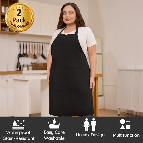FunChaos 2 Pcs Plus Size Chef Apron, Black Apron, Unisex Aprons with 2 Pockets for Cooking, Grilling, BBQ, Work, Professional Aprons for Waiter Artist Hairdresser (Large Size) - Image 2