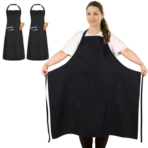 FunChaos 2 Pcs Plus Size Chef Apron, Black Apron, Unisex Aprons with 2 Pockets for Cooking, Grilling, BBQ, Work, Professional Aprons for Waiter Artist Hairdresser (Large Size) - Image 1
