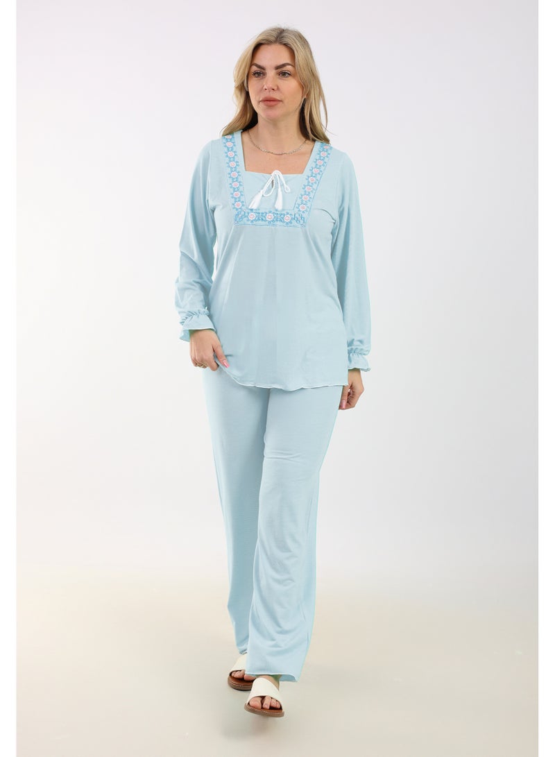 طقم ملابس منزل نسائي قطن 100% قطعتين - بلوزة بأكمام طويلة مطرزة وبنطال مريح - لون لبني سماوي