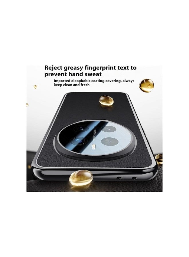 جراب هاتف محمول Honor Magic7pro، مصنوع من الجلد الطبيعي المطلي بالكهرباء والمزخرف بنقوش بارزة، مقاوم للسقوط، مزود بحامل عدسة، لون أسود. - Image 3