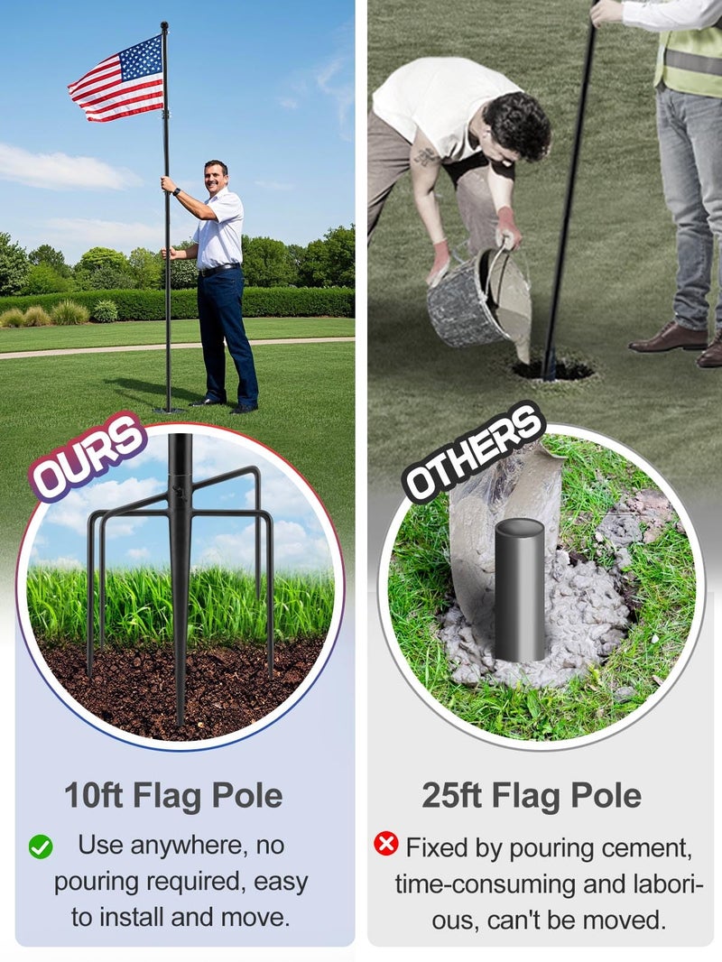 Acostop 10 FT In Ground Flag Poles for Outside House - Fit for 2 Flags Extra Thick Flag Pole Kit with 5 Prongs Base, Windproof Ground FlagPoles for Residential Small Medium Lawn Temporary Event - Image 2