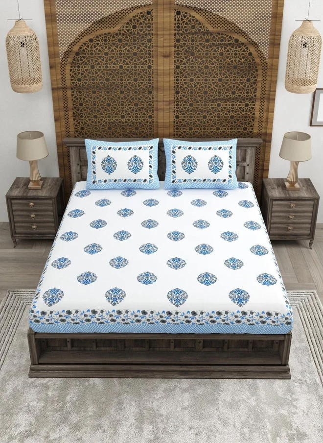 CLOTHOLOGY CLOTHOLOGY Blue & White Printed Pure Cotton 180 TC King Bedsheet Set