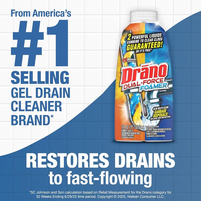 Drano Dual-Force Foamer Drain Clog Remover and Cleaner for Shower or Sink Drains, Unclogs and Removes Sources of Odor, 17 Fl Oz - Image 1
