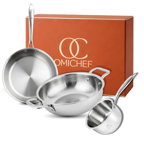 Omichef Triply Cookware Set | Kadai (1.9L/20cm) + Frypan (1.45L/22cm) + Saucepan (1.75L/16cm) | ISI Certified | Induction Friendly | Toxin-Free | Even Heat Distribution | Cool-Touch Handles - Image 1