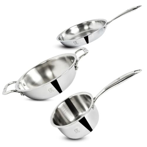 Omichef Triply Cookware Set | Kadai (1.9L/20cm) + Frypan (1.45L/22cm) + Saucepan (1.75L/16cm) | ISI Certified | Induction Friendly | Toxin-Free | Even Heat Distribution | Cool-Touch Handles - Image 2