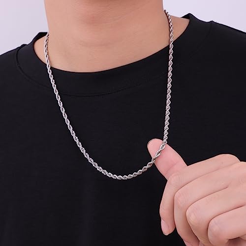 Fiusem Silver Tone Chain Necklace for Men, 3mm Stainless Steel Rope Chain for Men and Women, Silver Tone Necklace 18 Inch - Image 4