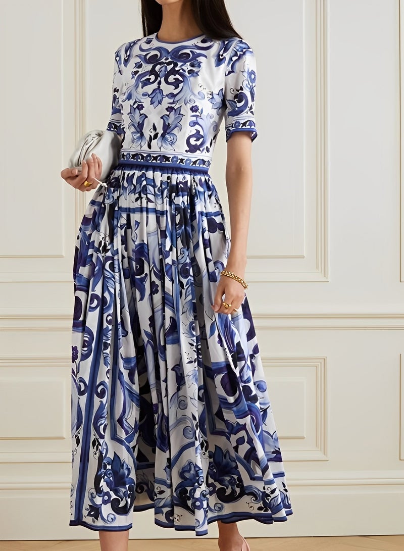 ريوكل فساتين ماكسي نسائية بأكمام قصيرة وطويلة وفستان بوهو زهري برقبة دائرية وفستان كاجوال فضفاض مزين بكشكشة - Image 2