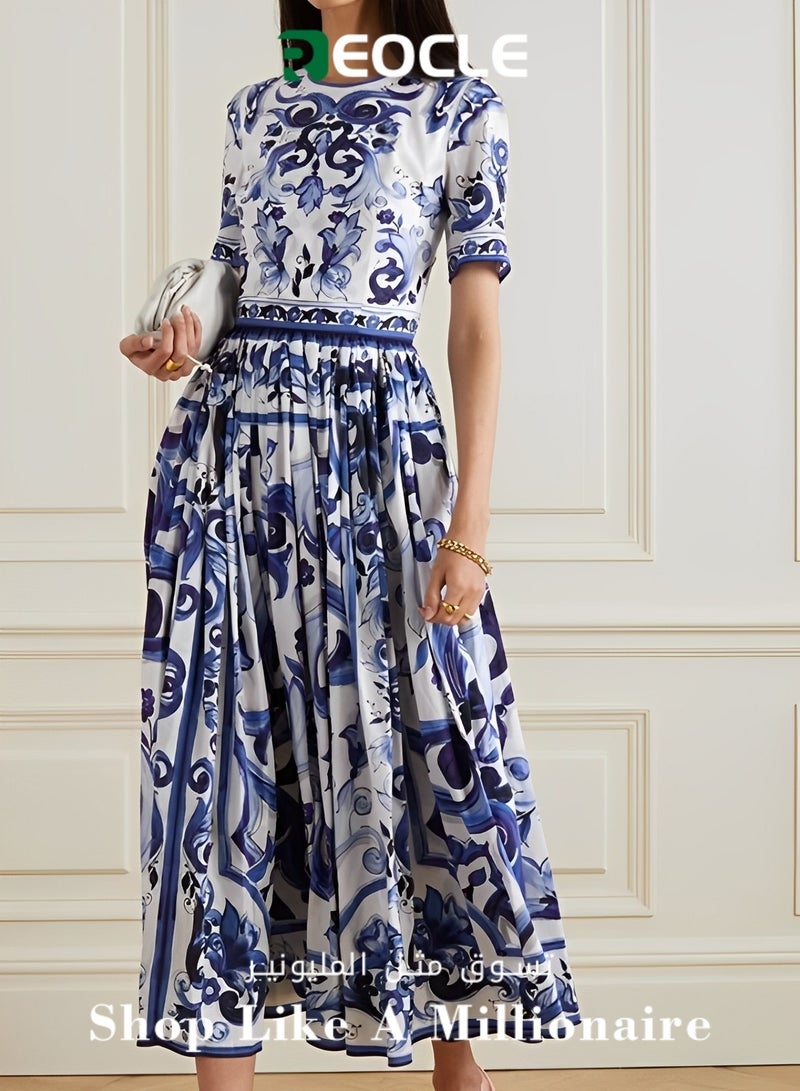 ريوكل فساتين ماكسي نسائية بأكمام قصيرة وطويلة وفستان بوهو زهري برقبة دائرية وفستان كاجوال فضفاض مزين بكشكشة - Image 1