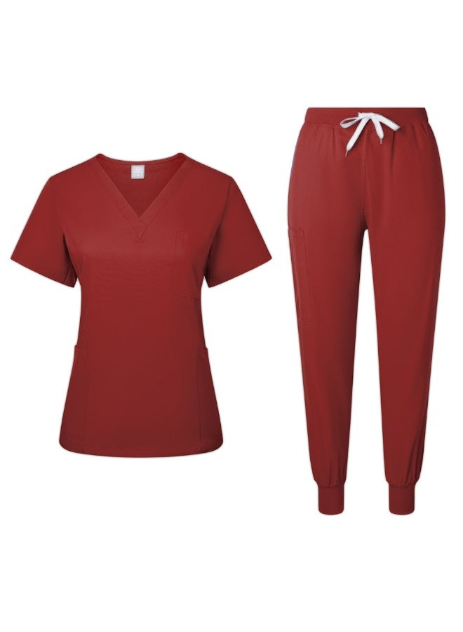 Loquat Womens Medical Scrubs Set Medical Uniform Set Wine Red - Image 1