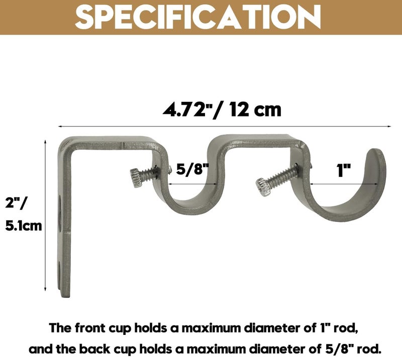 AddGrace 6 PCS Double Curtain Rod Bracket Heavy Duty Curtain Rod Holders for 1" and 5/8" Drapery Pole Adjustable Wall Mounted Drapery Pole Brackets for Living Room Bedroom Grey - Image 2