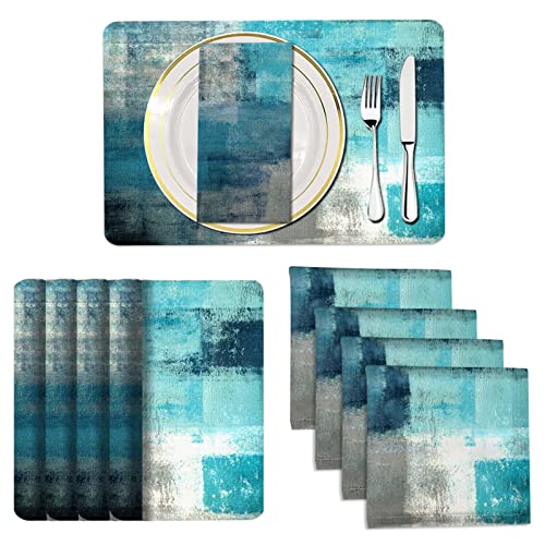 MCALK 4 Each Turquoise Placemats and Cloth Napkins Set of 8 Modern Abstract Art Painted Placemat for Home Kitchen Decor Placemats 18 x12 Cloth Napkins 18 x18