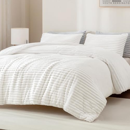 Andency Fluffy King Size Comforter Set, Super Soft White Comforter King Size, Winter Warm Fleece Faux Fur Bedding Set, Luxury Plush Fuzzy Bed Set 3 Pieces (1 Shaggy Comforter, 2 Pillowcases) - Image 1