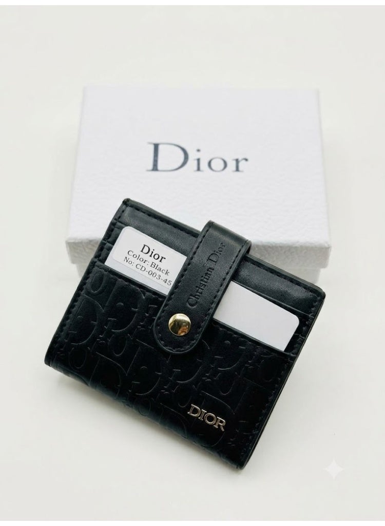 Dior Men's Black Oblique Debossed Leather Card Holder Wallet with Snap Strap