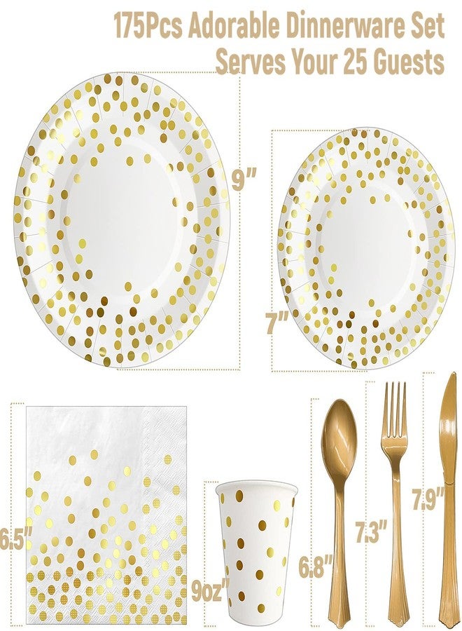 AIRE 175PCS White and Gold Paper Plates Party Supplies for 25 Guests Disposable Party Decorations Dinnerware Golden Dot Paper Plates Napkins Cups Gold Plastic Forks Knives Spoons for Wedding Birthday - Image 2