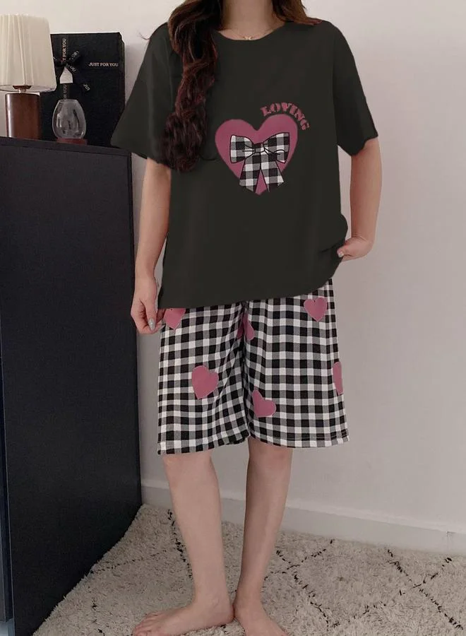 Take Two Black Heart Print Round Neck T-Shirt and Checked Shorts Set for Women | Best Price UAE