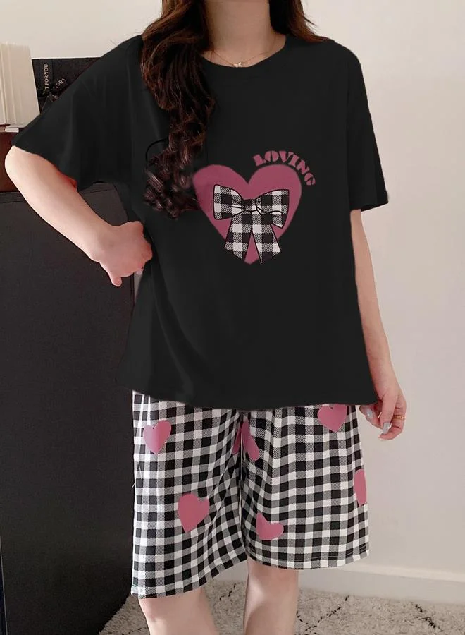 Take Two Black Heart Print Round Neck T-Shirt and Checked Shorts Set for Women | Best Price UAE