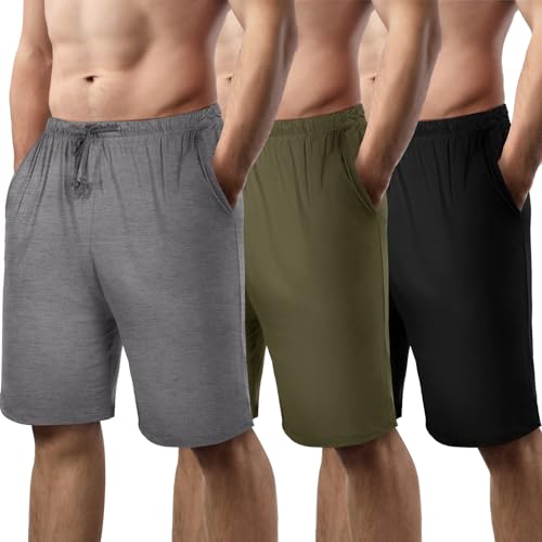 Bunnycool 3 Pack Men's Pajama Shorts Sleep Lounge Shorts Sleepwear Pants Big and Tall Sleep Pj Bottoms Elastic Waist with Pockets(4xl,Black, Dark Gray, Army Green) - Image 1