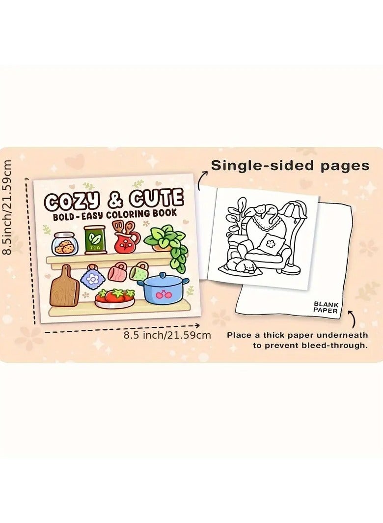 Cute & Comfy Coloring Book– 52 Pages for Adults and Teens Cozy Spaces Coloring Book Featuring Super Cute Animal or Goods Characters with Easy and Simple Designs for Relaxation (COZY & CUTE)  - Image 3