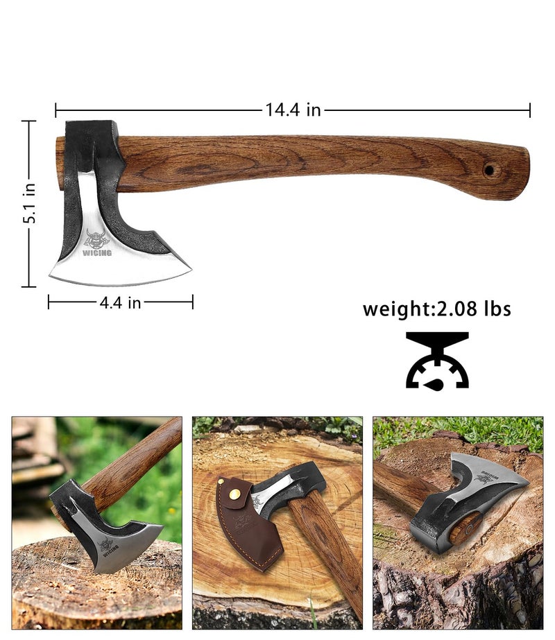 WICING Camping Hatchet, 14.2-inch Splitting Axe with Leather Sheath, Chopping Axe 1065 High Manganese Steel and Hickory Handle - Image 2
