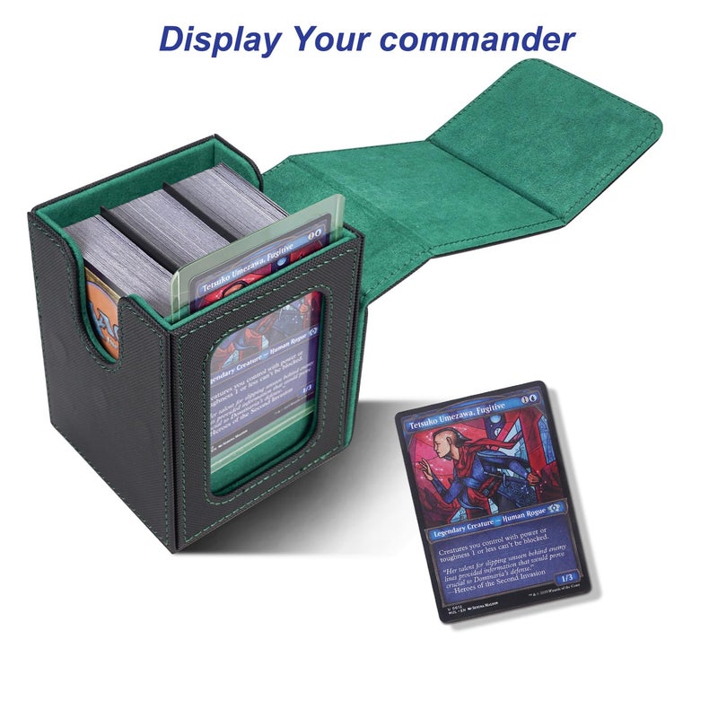 AFIING MTG Deck Box for Commander Display,Card Deck case Fits 100 Double Sleeved Cards,Magic Commander TCG Card Storage Box with 2 Dividers,Dice Bag and Toploader Black Green - Image 2