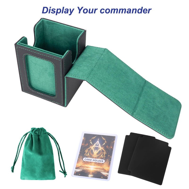AFIING MTG Deck Box for Commander Display,Card Deck case Fits 100 Double Sleeved Cards,Magic Commander TCG Card Storage Box with 2 Dividers,Dice Bag and Toploader Black Green - Image 4